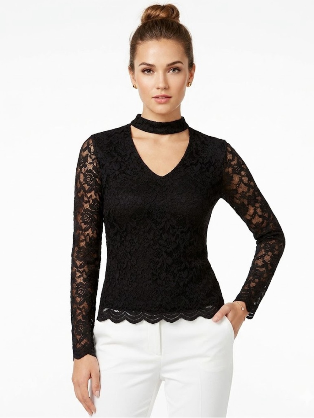 Ambiance Black Lace Blouse With  V- Neck And SheerSleeves